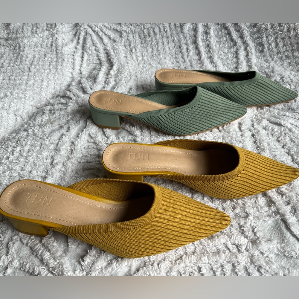 2 Pairs new Tijn mule heels, one sage green and the other mustard yellow sz 8.5